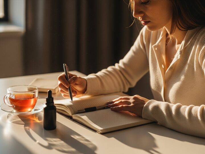 Writing in a notebook beside a cup of tea and a dropper bottle in afternoon light.