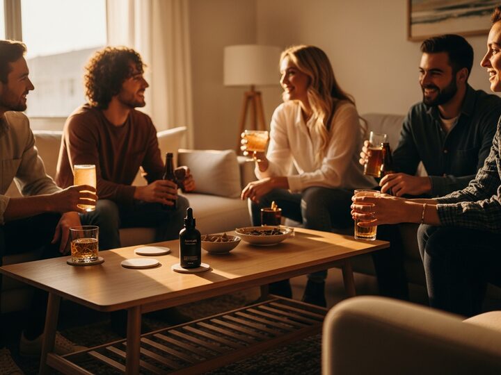 Friends sharing drinks and conversation around a coffee table with a Nukava bottle.