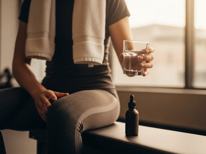 A person resting after exercise with a glass of water and a dropper bottle nearby.