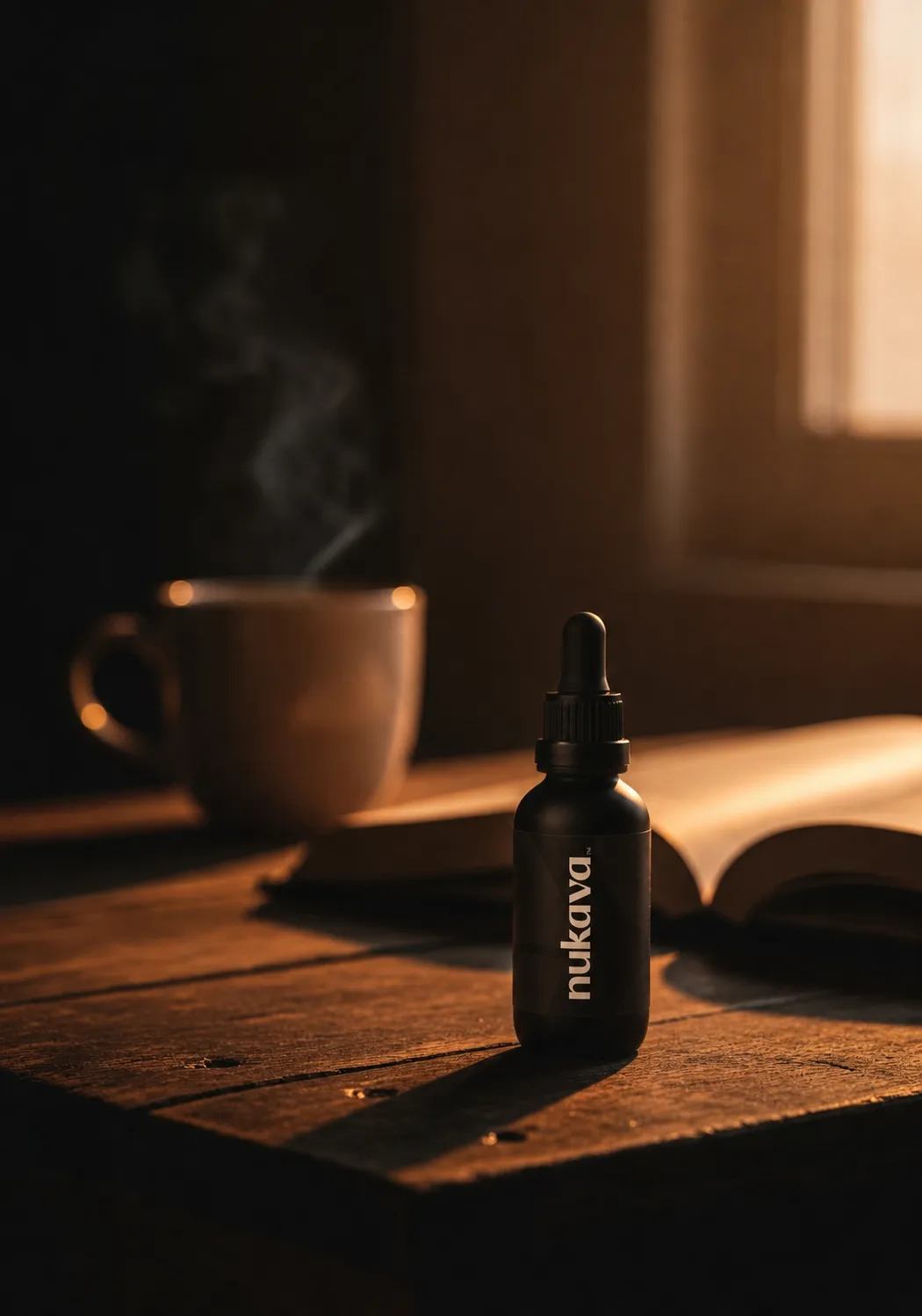 A Nukava bottle beside a steaming mug and an open book on a sunlit wooden table